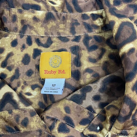Ruby Rd Liquid Knit Long Sleeve Blouse 12 Leopard Animal Print Shiny Roll Tab - Picture 11 of 11